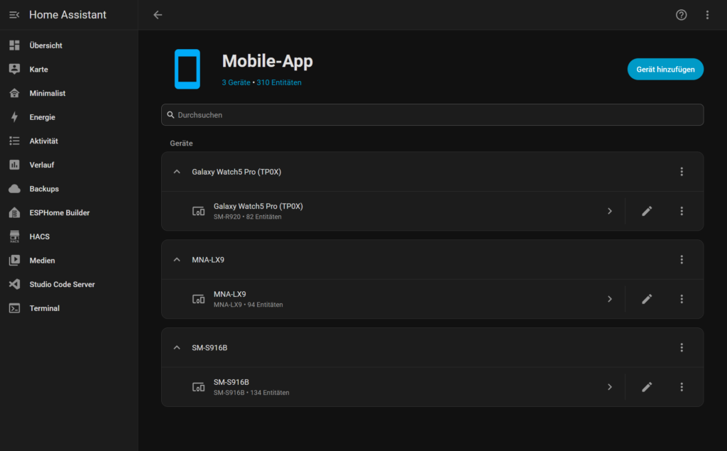 Android bei Teams, Google Meet und Bildschirmaufnahmen automatisch lautlos oder auf Vibration stellen – mit Home Assistant 1 Home Assistant -> Geräte -> Mobile App